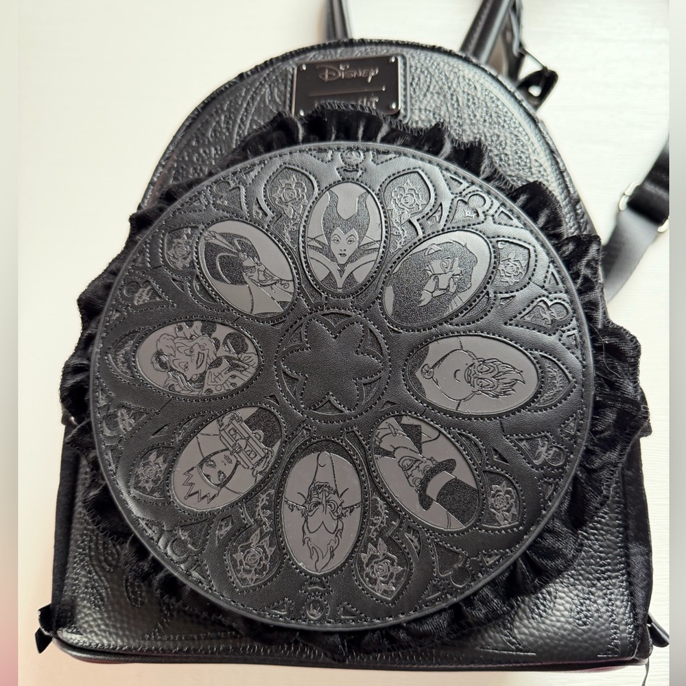 Loungefly Disney villains Ruffle Ribbon Window Mini Backpack NWT - Picture 2 of 13